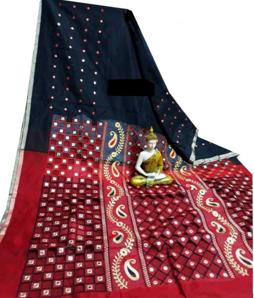 Black &amp; Red Cotton Silk Cut Work Saree